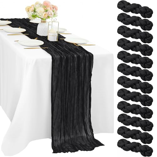 Black 12 Pcs Cheesecloth Table Runner 10FT Gauze Fabric Boho Cheese Cloth Table Runner Decoration Rustic Semi Sheer Runner for Wedding Birthday Baby Bridal Shower Party Table (35 x 120 Inches Long) by Sunnyline - Used condition - US$32.13