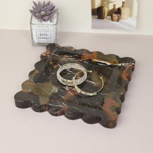 Kesoniku Square Marble Decorative Tray with Scalloped Edge, Luxury Natural Stone Bathroom Vanity Tray, Dresser Top Perfume Coffee Home Kitchen Sink Tray, Key Trinket Ring by Kesoniku - Image 5