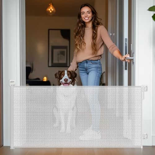 HOMEAL Retractable Baby Gate for Stairs - Extra Wide Baby Gate Tall, Long Mesh Pet Dog Gate Indoor Outdoor, Kids Safety Gate for Doorways, Deck, Porch, Hallways, Patio (White,Width Up to 71