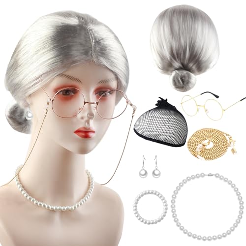Kit de Deguisement Grand Mere, 7 Pièces Vieille Dame Déguisement Accessoire avec Grand-Mère Perruque Bonnet Lunettes Perle Collier Boucle d'oreille Kit de Deguisement Grand Mere, 7 Pièces Vieille Dame Déguisement Accessoire avec Grand-Mère Perruque Bonnet Lunettes Perle Collier Boucle d'oreille