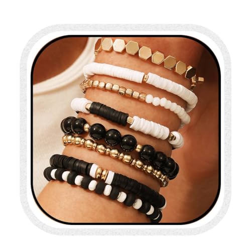 Latious Heishi Bracelets Black White Clay Bead Bracelets Friendship Bracelets for Women (L-Black White)