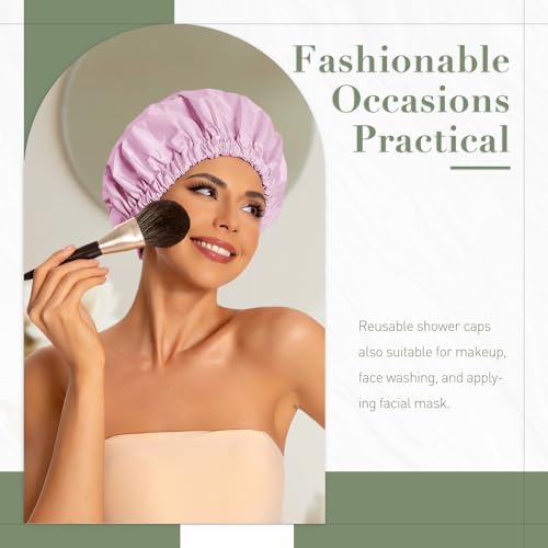 Reusable Shower Cap for Women, Large Waterproof Shower Essentials Bonnet Washable Elastic Band Bath Hair Wrap Hat for Long Hair, Braids(Green&Purple) - Thumbnail 2
