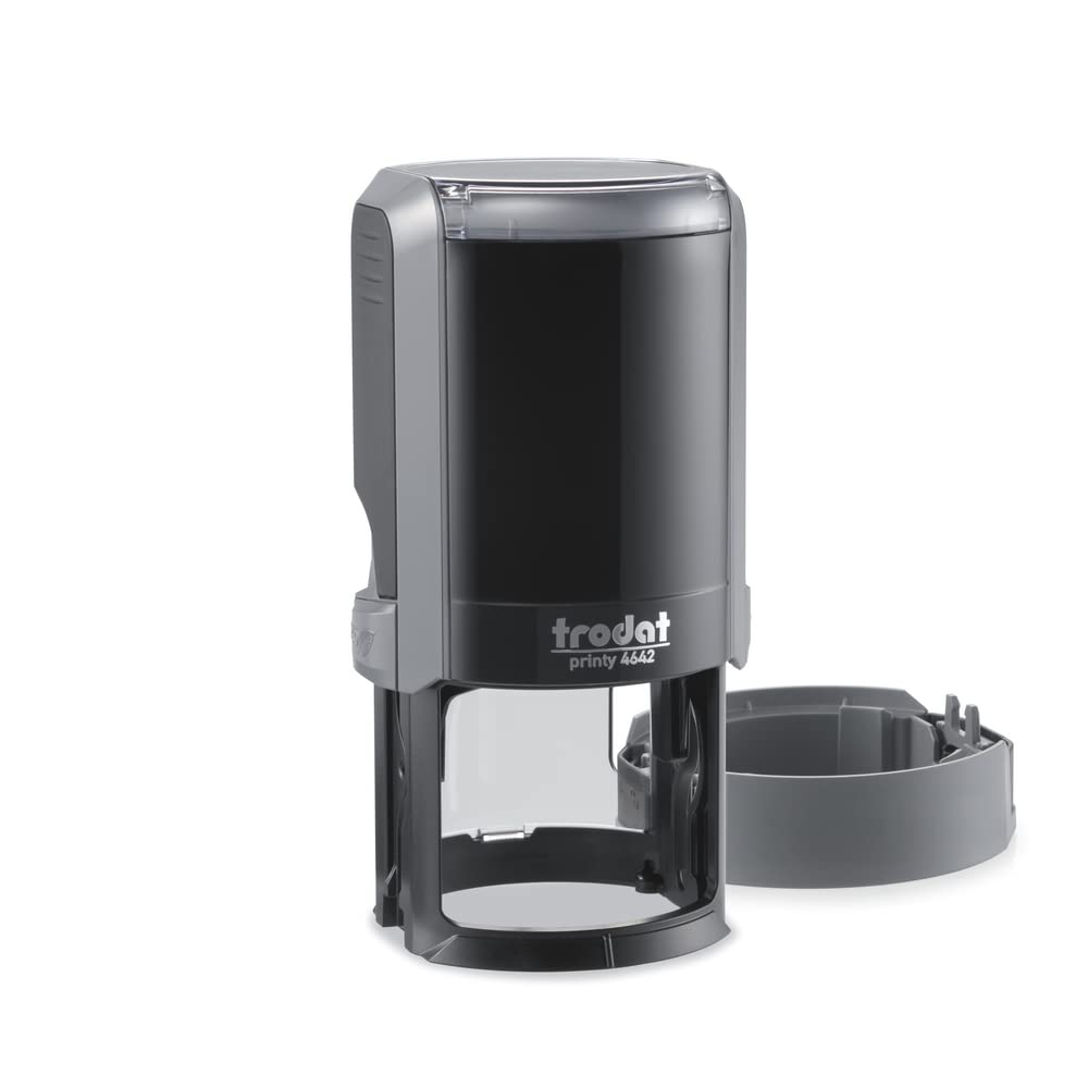 Trodat Printy 4642 Timbro Personalizzato Autoinchiostrante, Max 8 righe, Impronta ROTONDA Ø 42 mm, Nero, Cartuccia Inchiostro Verde, per Loghi, Associazioni, Albi, Biblioteche, Shopper, Etichette