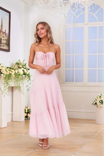 Spaghetti Straps Bridesmaid Dresses Long Ruffle Floral Chiffon Prom Gowns A Line Bow Strapless Formal Evening Dress2
