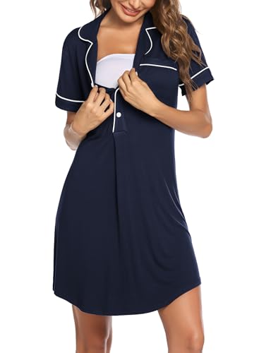 Image of Ekouaer Women's Nightgown Button Down Nightshirt V Neck Sleepshirt Short Sleeve Sleepwear Soft Pajama Dress