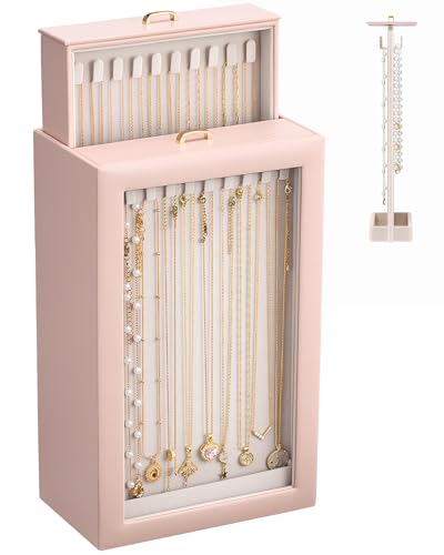 Image of Lolalet Upgraded Double-Sided Hanging Necklace Organizer Box, Jewellery Display Case with Double-Sided Clear Window for Necklaces Bracelets, Tangle-Free Necklace Storage Box -Pink, 2-Layer 40 Hooks