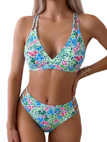 Image of Fanuerg Women's Sexy V Neck Bikini Sets Hollow Out Two Piece Swimsuits Cutout Mid Waist Bathing Suit