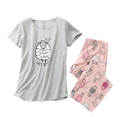 Image of PNAEONG 2 Pack Women's Cotton Pajama Sets Short Sleeve Sleepwear Tops with Capri Pants Summer Loungewear Pj Sets S-3XL