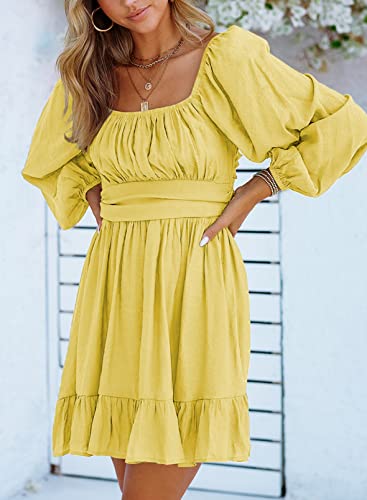 Image of Dokotoo Womens Dress Lantern Sleeve Elastic Waist Tie Backless Mini Dress | Square Neck,Off Shoulder,Flowy,Ruffle A-Line,Casual,Mini Dress,Beach Vacation Clothes,Fall Outifits,Wedding Guest,Boho
