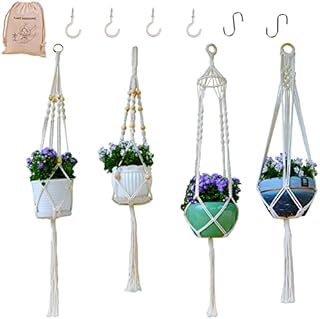 Macrame Plant Hangers, 4 Cotton Rope Hanger 39 Inch-Beige, along with 4 Ceiling Hooks and 2 S-hooks, Suitable for Various Shapes & Material Pots.