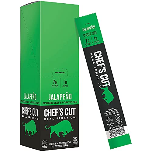 Chef’s Cut Real Snack Sticks | High Protein Meat Snack Sticks with 8g Protein, Gluten Free, Keto-Friendly| Premium Smoked Beef & Pork Blend | Jalapeño Heat | 1 oz Stick (16-Count Bag)