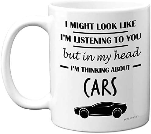 Gifts for Car Enthusiasts - in My Head I'm Thinking About Cars - Funny Classic Car Mug, Gifts for Cars Lovers, Petrol Head Gifts, 11oz Ceramic Dishwasher Safe Premium Mugs Cup - by Stuff4