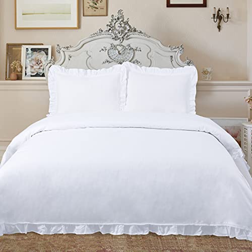 YINFUNG Ruffle Duvet Cover White Queen Shabby Chic Farmhouse Elegant Cotton Lace French Country 3 Pieces Duvet Cover Set Rustic Cute Ruffled Edge Bedding Set 90×90 - Thumbnail 2