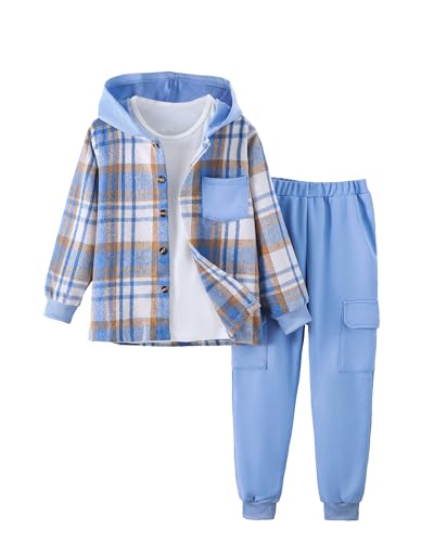 Yhnslsf 5t Boys Clothes Fall Winter 2 Piece Outfits Toddler Boy Sweatsuit Size 6 Blue Plaid Pockets Hoodie Pants Boys' Tracksuits Button Sweatshirts Sweatpants Sports Workout Clothing Jogger Set