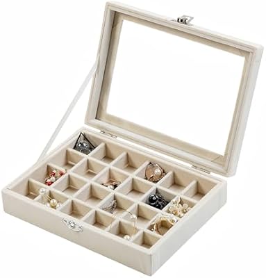 WINDAWNKE 24 Grid Jewelry Ring Display Organizer Box, Beige Earrings Holder Tray, Small Jewelry Orga...