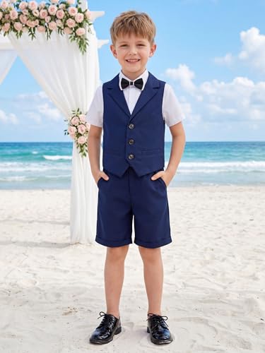 Image of LOLANTA Boys 4PCs Summer Suits, Short Suit Set for Wedding Ring Bearer Outfits Dress Clothes Vest Shirt Shorts Bow Tie