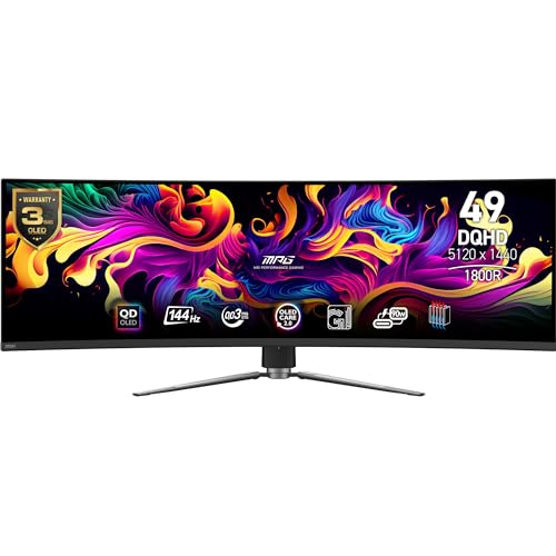 MSI MPG 491CQPDE QD-OLED 49" DQHD Curved Gaming Monitor - 1800R, 5120 x 1440 Quantum Dot OLED Panel, 144Hz / 0.03ms, 99% DCI-P3, ΔE≤2, DisplayHDR True Black 400, KVM - DP 1.4a, HDMI 2.1