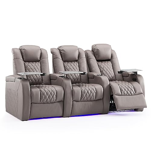 Weilianda Home Theater Seating Top Grain Leather Zero Gravity Recliner Chair Power Headrest Recline Movie Seat Gaming 7 Colors Mood Light Sofa with Tray Table USB Charge Row of 3 Grey