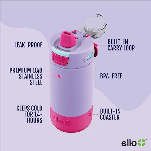 Ello Garrafa de água infantil Colby de aço inoxidável isolada de 350 ml com canudo e alça de transpo