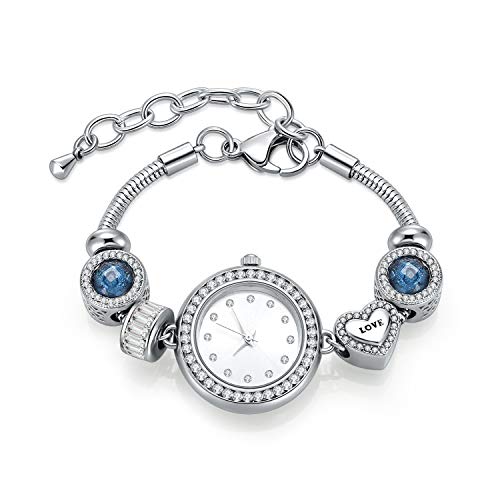 MANBARA - Reloj de pulsera de acero inoxidable con cuentas de cristal azul para mujer