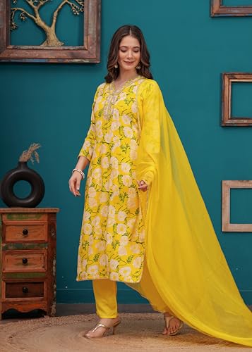 Image of MANHAREE | Women's Rayon Printed Straight Kurta with Pant & Dupatta Set