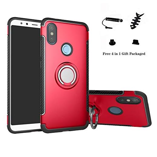 LFDZ Xiaomi Mi A2 skal, 360 rotation justerbar ring greppställ, Ultra Slim Fit TPU skyddsskal för Xiaomi Mi A2/Mi 6X {Not fit Mi A2 Lite} (med 4 i-1 presentförpackning), röd