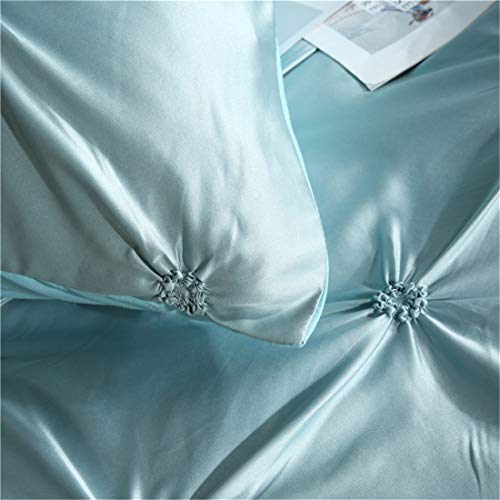 Erosebridal Blue Pinch Pleated Quilt Cover King Size Silk Like Satin Pintuck Bedding Set With Zipper Ruffle Design Luxury & Microfiber Comforter Cover Pintuck Decorative Bedspread Cover #TOP6