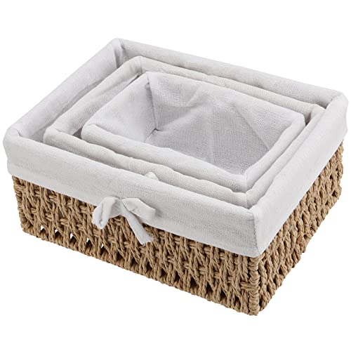 Keileoho Set Of 3 Wicker Storage Baskets, Lined Wicker Baskets Set, Handmade Woven Pantry Baskets Decorative Storage Bins Set For Organizing Shelf, Bathroom, Home, Khaki #TOP2