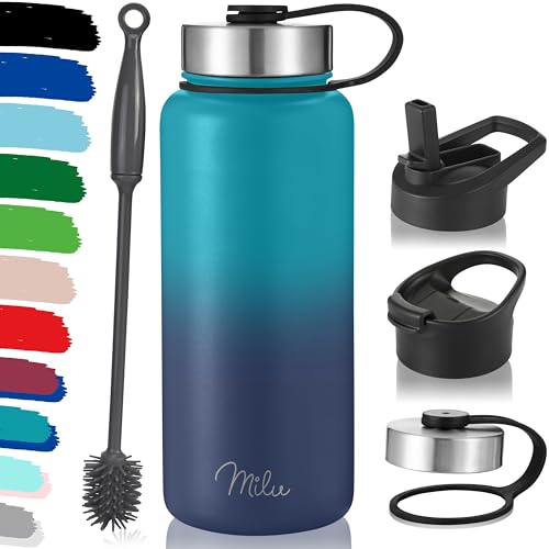 Milu Borraccia Termica Acciaio Inox – 500ml, 750ml, 1000ml (+3 coperchi) - Bottiglia Acqua Termos Senza BPA, Isolato Sottovuoto, A Prova di Perdite Anche per Acido Carbonico (Blu Verde, 1l)