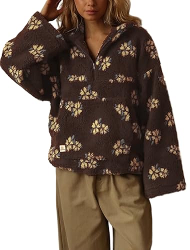 chouyatou Women's Fall Cute Floral Faux Fur Pullover Fleece Sweatshirt
