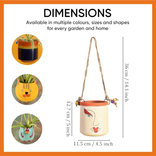 Image of AAKRITI ART CREATIONS Terracotta Hanging Planter | Handcrafted Artistic Face Design with Rope, Modern Art, White Matte Finish | Decorative Hanging Pot for Indoor & Outdoor Home Decor