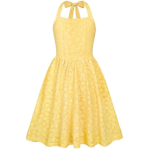 HOZIY Girls Dresses Floral Halter Tie Back Short Dress Juniors Summer A-Line Flowy Backless Sundress 5-14 Years 11-12 Years Yellow