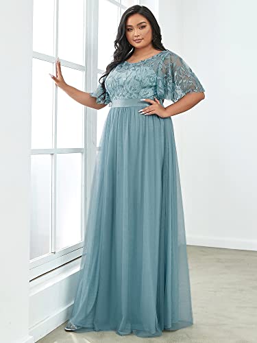 Ever-Pretty Women's Elegant O-Neck Empire Waist Embroidery Plus Size Evening Party Dress Blue Us16 #TOP2