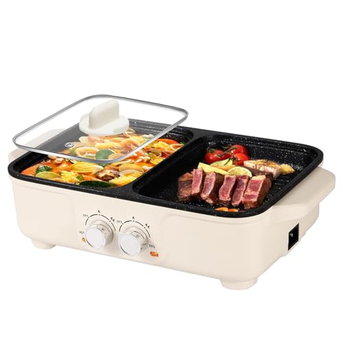 2 in 1 Electric Hot Pot and BBQ Grill - Smokeless Indoor Cooker for Korean Shabu Shabu (Compact Size)