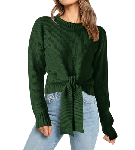 Okiwam Women's Long Sleeve Cropped Sweaters Casual Knit Pullover Tie Front Crew Neck Fall Outfits Fashion Clothes 2025