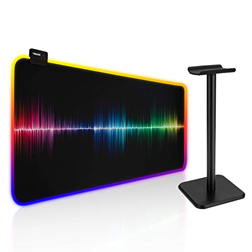 TEEDOR RGB Gaming Mouse Pad + Headphone Headset Stand Gaming Accessories Set Large Extended LED Gaming Mousepad Big Keyboard Mouse Pad Laptop Desk Mat 14 Lighting Modes 2 Brightness (31.5 X 11.8 Inch)