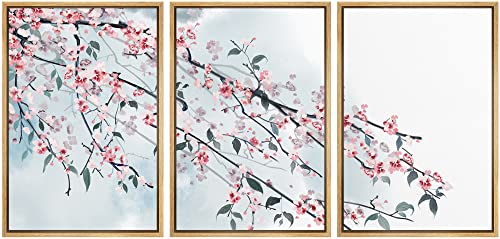 wall26 - 3 Panel Framed Canvas Wall Art - Ink Painting Style Pink Cherry Blossom on The Branch - Giclee Print Gallery Wrap Modern Home Art Ready to Hang - 24"x36"x3 Natural