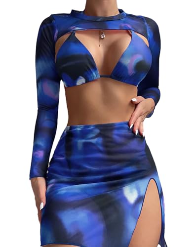 4 Piece Bikini Sets, High Cut Tie Dye Swimsuits, Sexy Bathing Suits with Long Sleeved Top and Skirt Bikini Set