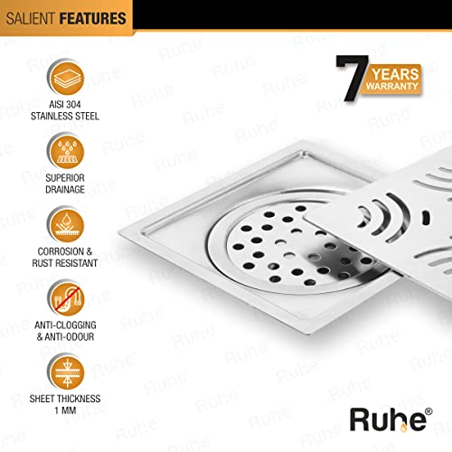 Image of Ruhe Exclusive Emerald Floor Drainer /Jali | 304-Grade Stainless Steel Floor Drain- Emerald Exclusive Square Flat Cut (6x6 inches) with Cockroach Trap /Jali