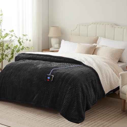 Image of Westinghouse Electric Blanket Twin, Flannel to Sherpa, 62x84 Inch, Chacoal | Twin Size Heated Blanket with 10 Heating Levels & 1-12 Hours Auto Shut Off, Fast Heating Warming Blanket, Machine Washable
