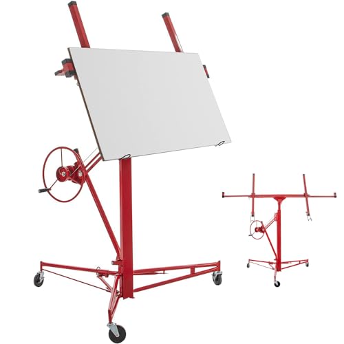 Drywall Lift 11ft Sheetrock Lift Drywall Lift, THABATAD Drywall Lifts Hand Lifting Jack Tool with 150lbs Weight Capacity Drywall Panel Hoist Construction Rolling Caster Wheel Lockable Tool, Red