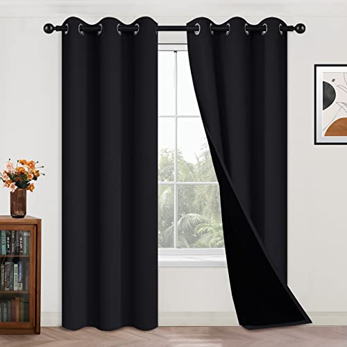 Image of Yakamok 100% Blackout Curtains Energy Saving Thermal Insulated 2 Thick Layers Completely Blackout Drapes with Black Liner for Bedroom(42Wx84L,Black, 2 Panels)