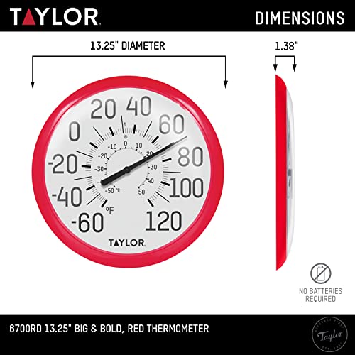 Image of Taylor Big and Bold Wall Dial Thermometer, Indoor Outdoor Thermometer, Wireless Thermometer with Easy to Read Numbers for Patio, Pool, Garage and Indoor Areas, 13.25-inch, Red