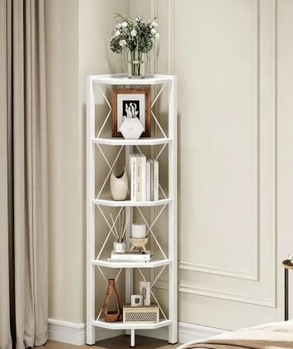 CHOEZON 5-Tier Corner Shelf, Corner Bookcase, 55.2" Tall Vertical Display Rack, Plant Stand, Open Storage Shelf, for Living Room, Bedroom, Study, Kitchen, White TCJ12WB