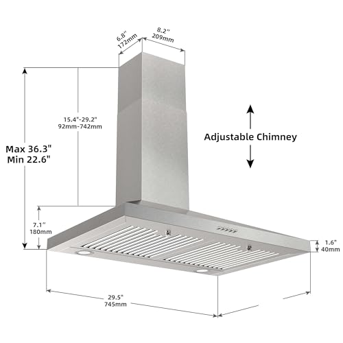 SNDOAS Range Hood 30 inch,Stainless Steel Wall Mount Range Hood 30 inch,Chimney-Style Stove Vent with Ducted/Ductless Convertible,Kitchen Hood with LED Light,Button Control,3-Speed Vent Hood - Thumbnail 6