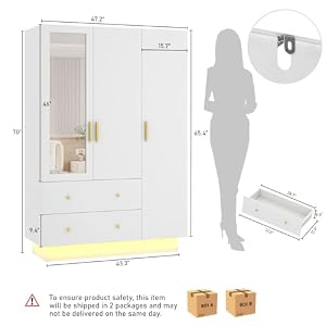 3 Doors Armoire Wardrobe Closet with Mirror, LED Armoire with Doors and Drawers, Wooden Armoire Storage Cabinet with Hanging Rod, Adjustable Shelves, White 3 Doors Armoire Wardrobe Closet with Mirror LED Armoire with Doors and Drawers Wooden Armoire Storage Cabinet with Hanging Rod Adjustable Shelves White