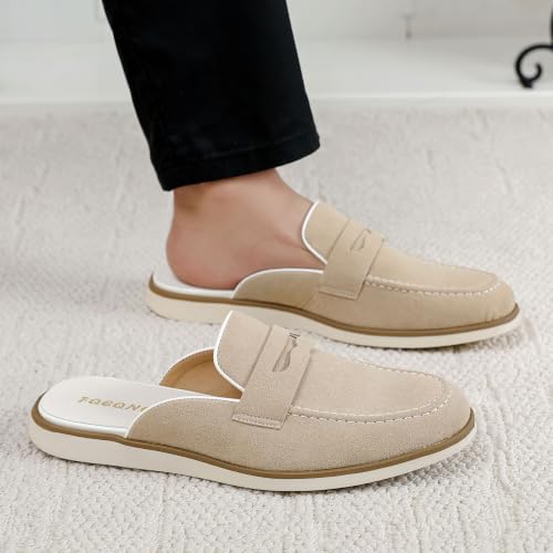 Men Penny Mule Loafers Beige Suede Backless Slip On Flat Half Slides by FQEQNQG - Used condition - Image 3