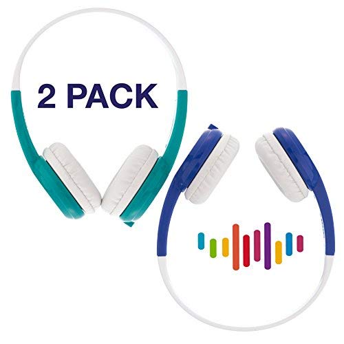 ONANOFF BuddyPhones Connect, Volume-Limiting Kids Headphones, Foldable, Durable, Built-in Audio Sharing Cable with in-Line Mic, Best for Kindle, iPad, iPhone and Android Devices, Blue and Green