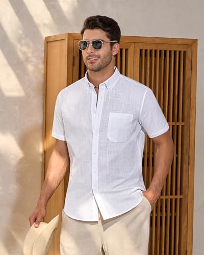 Leinenhemd Herren Kurzarm Hemd Sommer Freizeithemden Herren Casual Beach Shirts Regular Fit Männer Leinenhemd Button Down Basic Men Shirts mit Brusttasche – Bild 3