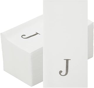 Luxenap 15.8 X 7.9 Inch Linen-Feel Guest Towels, 50 Lettered Hand Towels - Silver Letter 'J', Sans Serif Font, White Paper Dinner Napkins, airlaid, For Restrooms And Tables - Restaurantware